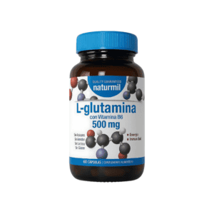 Frasco de L-Glutamina 500mg Naturmil com 60 cápsulas, suplemento para recuperação muscular e imunidade.