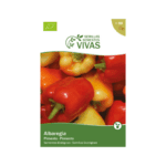 Embalagem de sementes biológicas de pimento Albaregia da Sementes Vivas, variedade doce de frutos vermelhos vibrantes.
