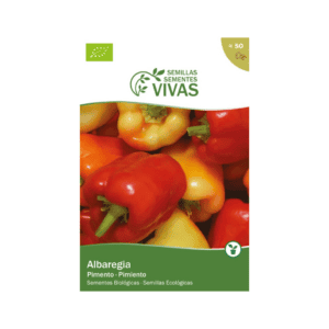 Embalagem de sementes biológicas de pimento Albaregia da Sementes Vivas, variedade doce de frutos vermelhos vibrantes.