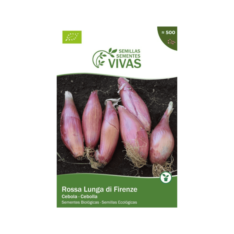 Sementes de cebola roxa alongada Rossa Lunga di Firenze da marca Sementes Vivas, embalagem de 2 gramas com design ecológico.