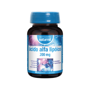 Frasco de suplemento alimentar Naturmil Ácido Alfa Lipóico 200mg com 60 cápsulas, antioxidante natural para saúde celular e metabolismo energético.