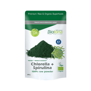 Embalagem de pó Biotona Chlorella + Spirulina 100% raw, 200g, suplemento natural rico em clorofila, proteínas e nutrientes para vitalidade e desintoxicação.