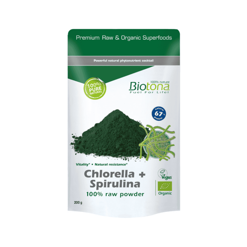 Embalagem de pó Biotona Chlorella + Spirulina 100% raw, 200g, suplemento natural rico em clorofila, proteínas e nutrientes para vitalidade e desintoxicação.