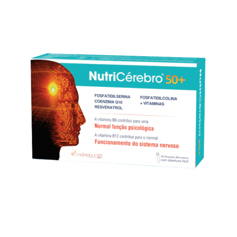 Suplemento NutriCérebro 50+ com 30 ampolas de calêndula para suporte cognitivo e bem-estar mental.