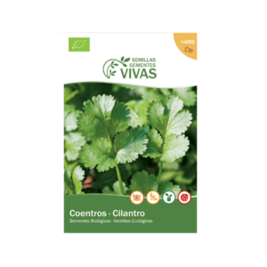 Pacote de sementes biológicas de coentros Sementes Vivas 4g, ideal para cultivo doméstico ou hortas.