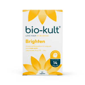 bio-kult brighten frasco branco com 60 cápsulas probióticas, suplemento alimentar para bem-estar emocional e imunidade