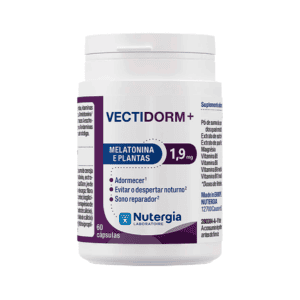 vectidorm plus nutergia frasco branco com 60 cápsulas, suplemento natural para promover sono tranquilo e reduzir insónias