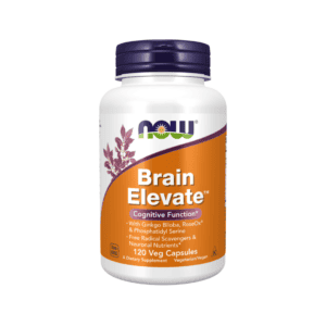 Frasco de suplemento Brain Elevate Now Foods com 120 cápsulas, fórmula para memória, foco e saúde cognitiva.