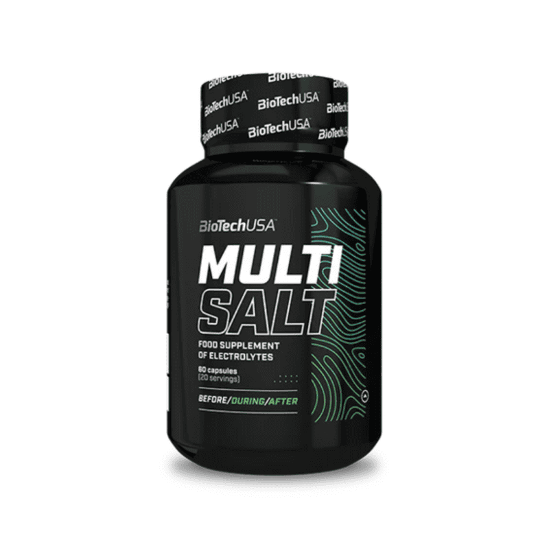 Frasco de suplemento Multi Salt Biotech USA com 60 cápsulas, ideal para reposição de eletrólitos em treinos intensos.