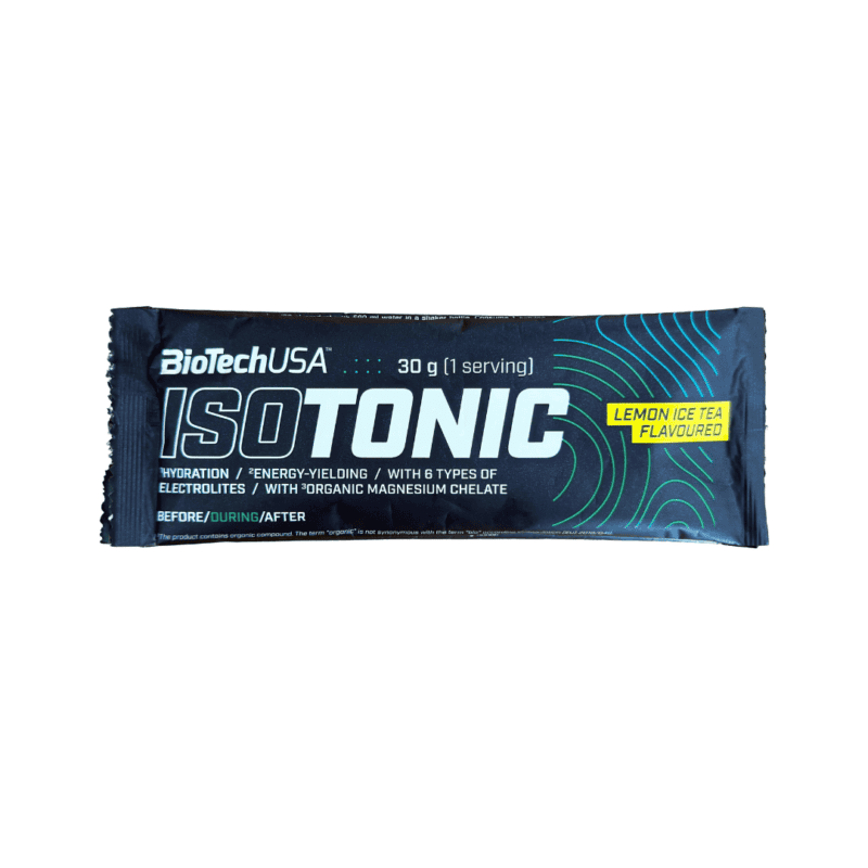 Saqueta de Isotonic Ice Tea Limão Biotech USA 30g, bebida isotónica em pó sabor limão para hidratação e energia durante o treino.