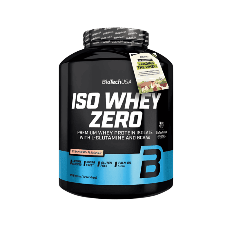 Embalagem de Iso Whey Zero 1816g sabor morango Biotech USA, proteína isolada de soro de leite sem açúcar, sem lactose e sem glúten.