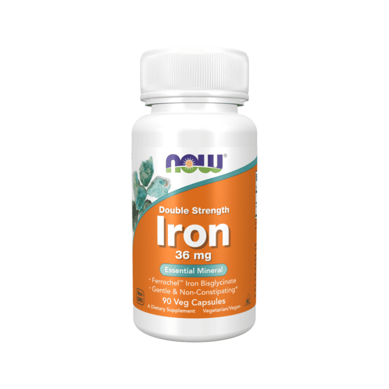 Ferro 36 mg Double Strength em frasco com 90 cápsulas da Now — suplemento de ferro em cápsulas, dose concentrada para suplementação diária.