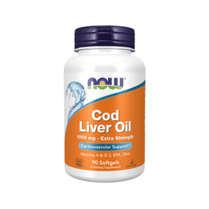 Frasco de suplemento Cod Liver Oil 1000mg Extra Strength Now com 90 cápsulas de óleo de fígado de bacalhau.