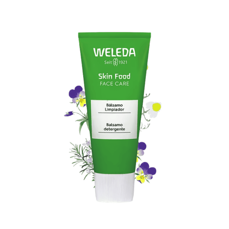 Bálsamo nutritivo de limpeza facial Weleda Skin Food 75ml em bisnaga verde para remover impurezas e hidratar a pele.