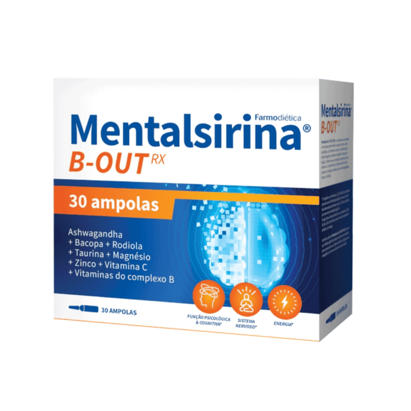 Suplemento alimentar Mentalsirina B-Out RX 30 ampolas Farmodiética para energia mental e redução do cansaço.