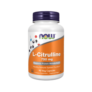 Frasco de suplemento alimentar L-Citrulline 750mg Now com 90 cápsulas vegetais para apoio à performance muscular e energia.