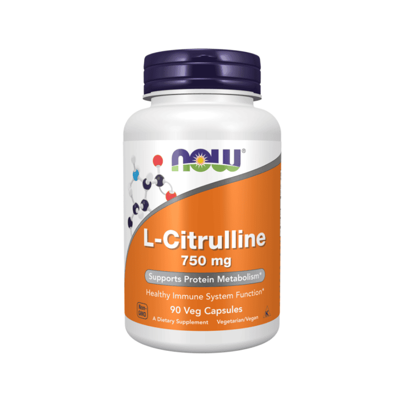 Frasco de suplemento alimentar L-Citrulline 750mg Now com 90 cápsulas vegetais para apoio à performance muscular e energia.