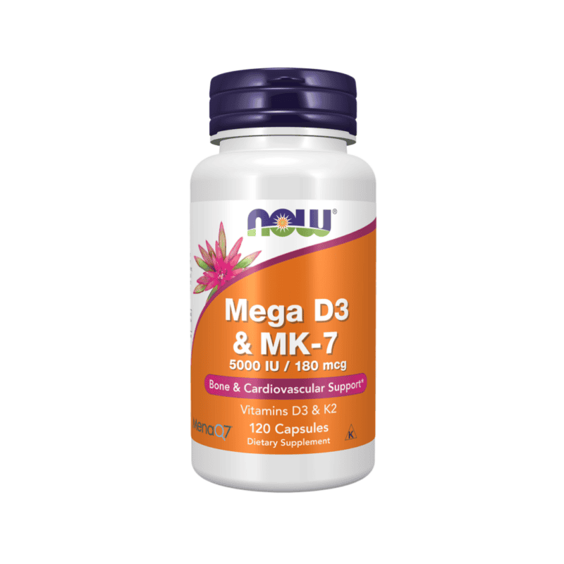 Suplemento Mega D3 e MK7 5000 IU 180 mcg Now 120 cápsulas para suporte ósseo e imunidade.