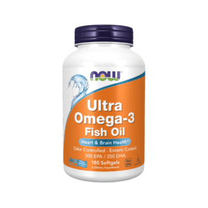 Suplemento Ultra Omega 3 Fish Oil Now Foods com 180 cápsulas de óleo de peixe rico em EPA e DHA para suporte cardiovascular e cerebral.