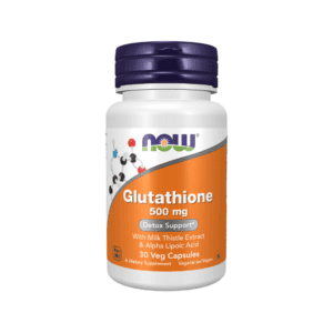 Frasco de suplemento alimentar Now Foods Glutationa 500mg com 30 cápsulas vegetais antioxidantes.