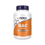 Frasco de suplemento alimentar NAC 1000mg Now com 120 comprimidos, apoio antioxidante e saúde celular.