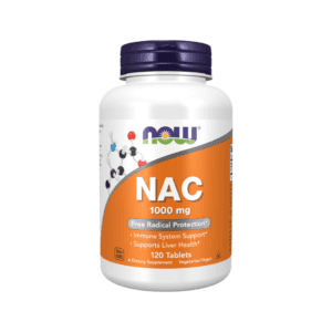 Frasco de suplemento alimentar NAC 1000mg Now com 120 comprimidos, apoio antioxidante e saúde celular.