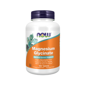 Frasco de suplemento alimentar Now Foods Magnesium Glycinate 180 comprimidos, suporte à saúde muscular, nervosa e óssea.