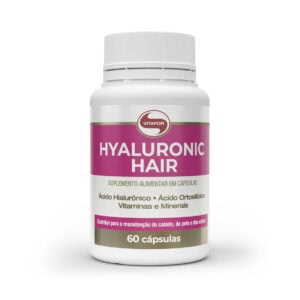 Suplemento alimentar Hyaluronic Hair da marca Vitafor em embalagem com 60 cápsulas, fórmula com ácido hialurónico, biotina e zinco para fortalecer cabelo, pele e unhas