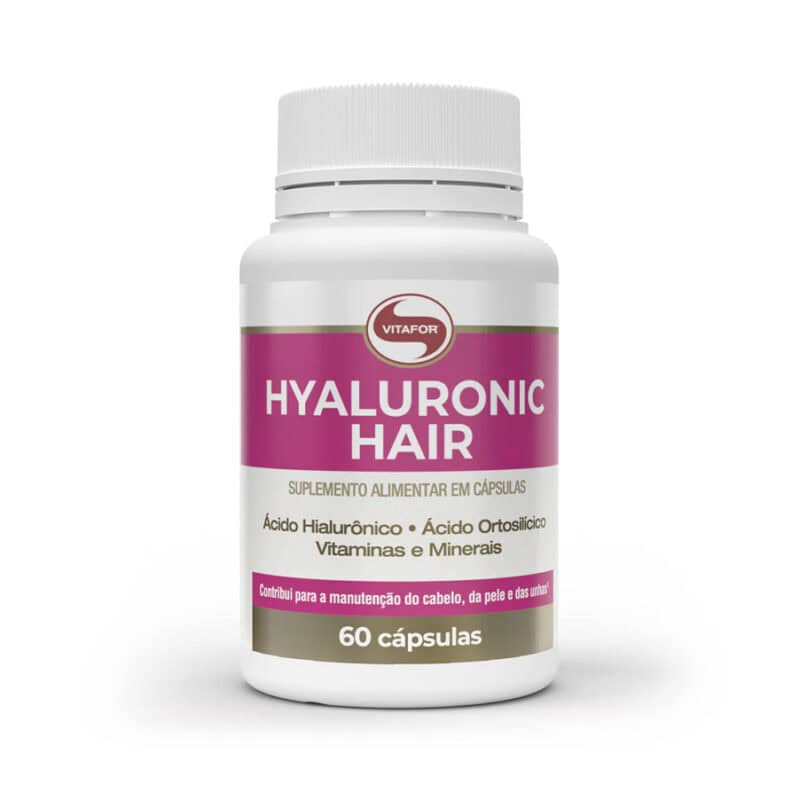 Suplemento alimentar Hyaluronic Hair da marca Vitafor em embalagem com 60 cápsulas, fórmula com ácido hialurónico, biotina e zinco para fortalecer cabelo, pele e unhas