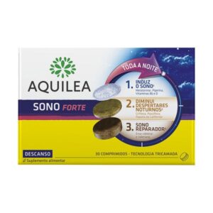 Embalagem de Aquilea Sono Forte 30 comprimidos, suplemento natural com melatonina e extratos de plantas que ajuda a adormecer mais rápido e a melhorar a qualidade do sono.