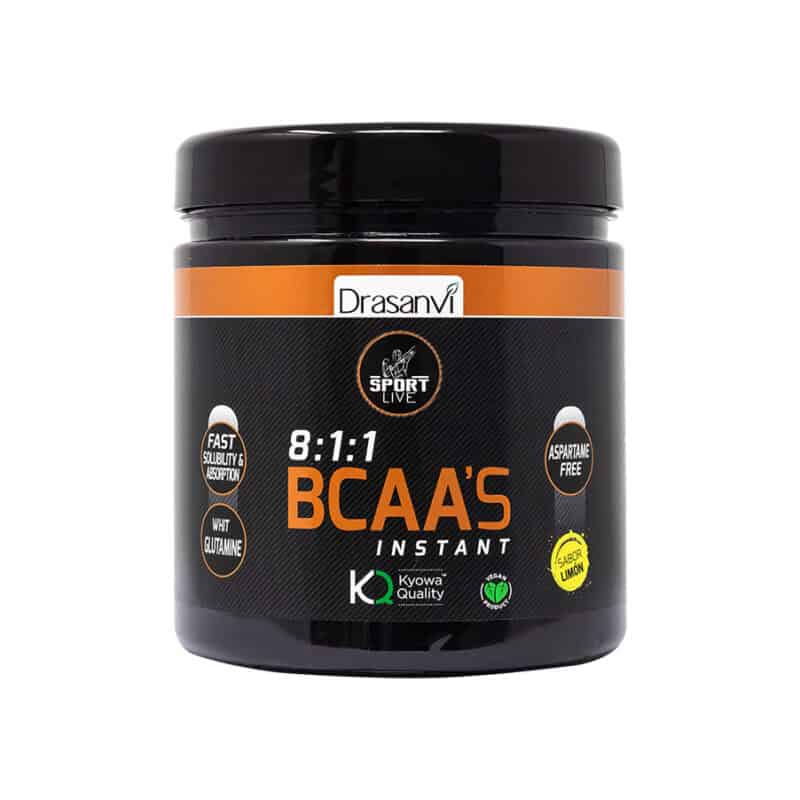 Embalagem de BCAA’s + Glutamina sabor limão 275g da Sport Live Drasanvi, suplemento em pó para recuperação e crescimento muscular.