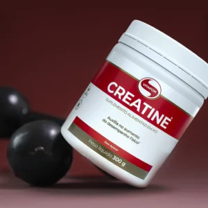 Pote de Creatina Monohidratada em pó 300g da Vitafor, suplemento nutricional para força, energia e ganho de massa muscular.
