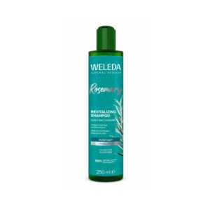 Champô revitalizante de alecrim Weleda em frasco de 250ml, limpa suavemente e estimula o couro cabeludo para cabelos fortes e brilhantes.
