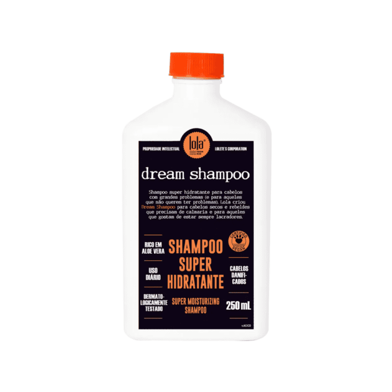 frasco de shampoo lola dream super hidratante 250ml com rótulo colorido, indicado para cabelos secos e ressecados