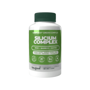 Suplemento alimentar Silicium Complex 60 cápsulas da New Food, com silício, colagénio e minerais para reforçar unhas, cabelo e pele.