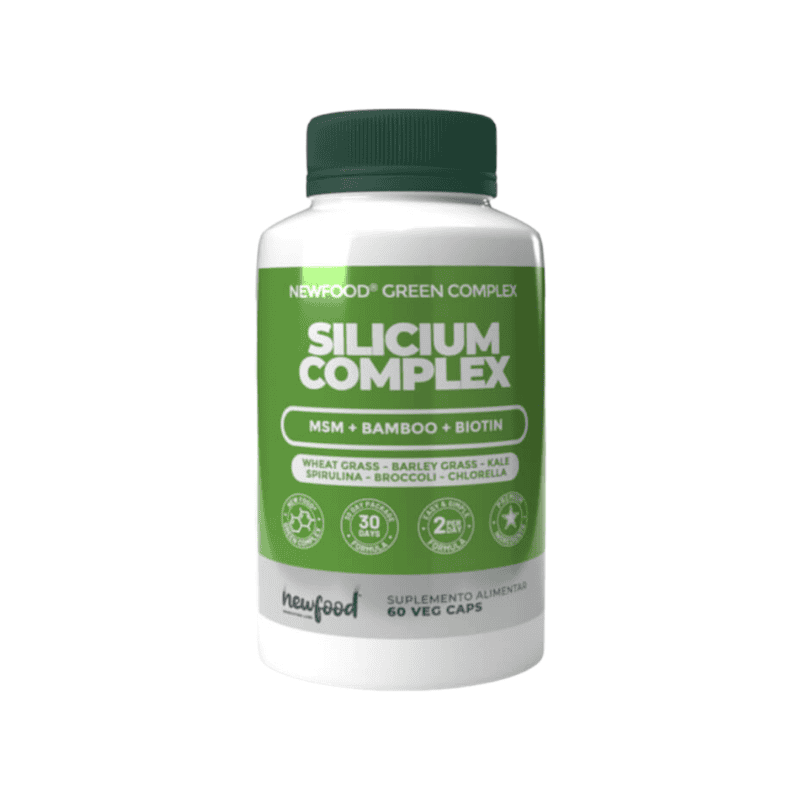 Suplemento alimentar Silicium Complex 60 cápsulas da New Food, com silício, colagénio e minerais para reforçar unhas, cabelo e pele.