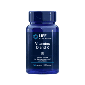 Suplemento Vitamina D e K Life Extension em frasco com 60 cápsulas vegetais, combinação de vitaminas essenciais para ossos fortes e saúde cardiovascular.