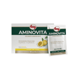 Suplemento Aminovita sabor maracujá da Vitafor em caixa com 30 saquetas de 10g, fórmula rica em aminoácidos essenciais para energia e recuperação muscular.