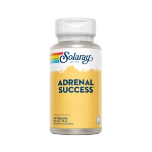 Frasco de suplemento Solaray Adrenal Success com 60 cápsulas, fórmula adaptogénica para reduzir o stress e apoiar a energia e o equilíbrio hormonal.