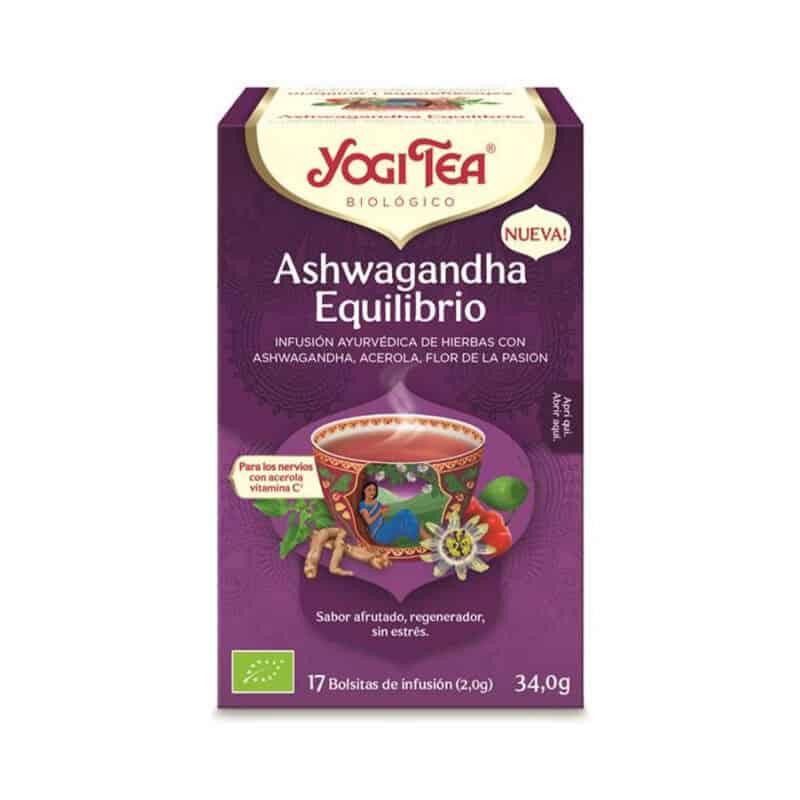Infusão biológica Yogi Tea Ashwagandha Equilíbrio em embalagem com 17 saquetas, combinação ayurvédica com ashwagandha, canela e gengibre para promover o equilíbrio e vitalidade.