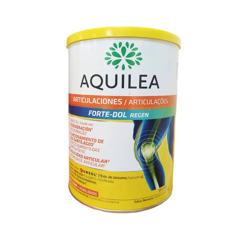 Suplemento Aquilea Articulações Forte-Dol Regen 280gr em pó, com colagénio, ácido hialurónico e vitamina C, para manter articulações e cartilagens saudáveis.