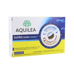 Embalagem de Aquilea Sono Compact 30 comprimidos, suplemento com melatonina e extratos naturais que ajudam a adormecer rapidamente e promovem um sono reparador.