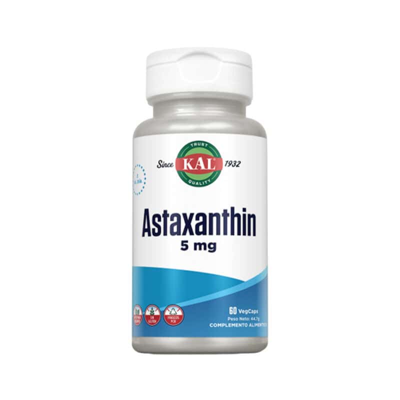 frasco de Astaxantina 5mg 60 cápsulas Kal, suplemento antioxidante natural que protege as células e apoia a saúde da pele e dos olhos