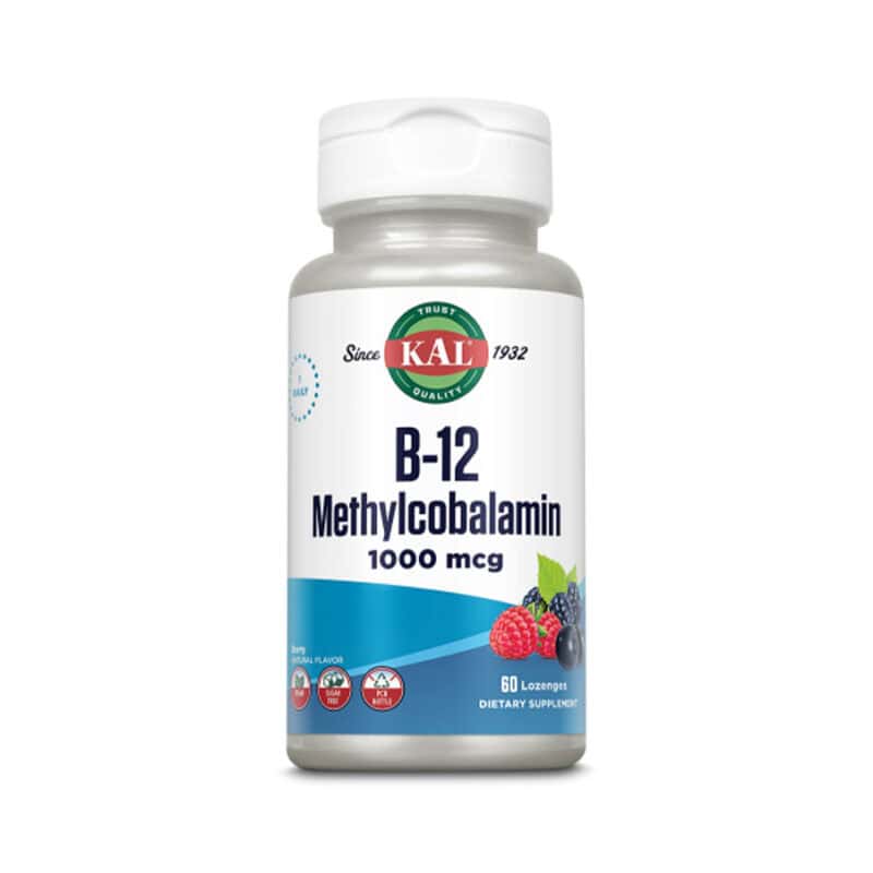 Vitamina B12 Methylcobalamina Kal 1000mg em frasco com 60 comprimidos para apoio energético e neurológico.
