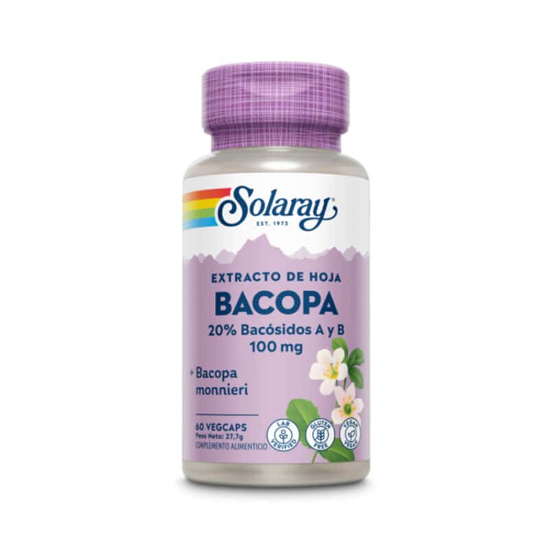 Frasco de suplemento Solaray Extrato de Folha de Bacopa com 60 cápsulas, apoio à memória, concentração e função cognitiva.