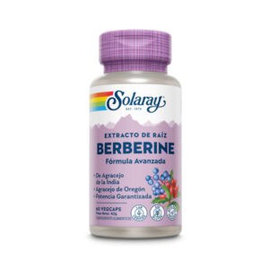 Extrato de Raíz de Berberina Solaray em frasco com 60 cápsulas para apoio metabólico e digestivo.