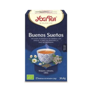 Infusão bio Boas Noites Yogi Tea em caixa de 17 saquetas, mistura calmante de ervas biológicas para relaxamento noturno.