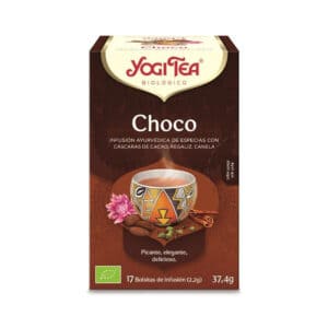 Infusão biológica Yogi Tea Chocolate em embalagem com 17 saquetas, mistura aromática de cacau, canela e especiarias ayurvédicas.