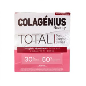 Caixa de suplemento Colagénius Beauty Total com 30 saquetas, colagénio, ácido hialurónico e vitaminas para pele, cabelo e unhas saudáveis.