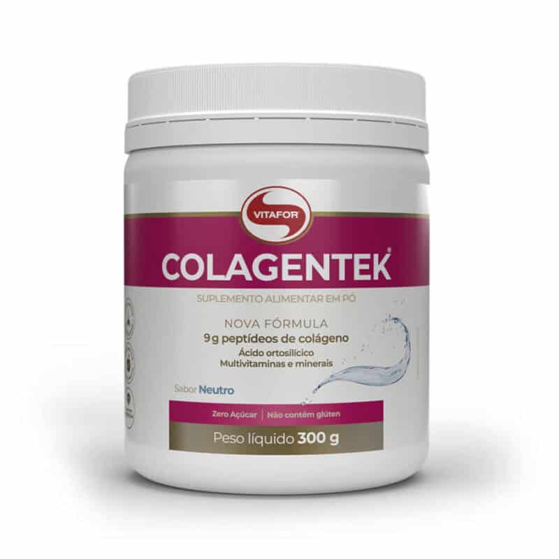 Embalagem de Colagentek sabor neutro 300g da Vitafor, suplemento de colagénio hidrolisado com vitaminas e minerais para pele, articulações e cabelos saudáveis.